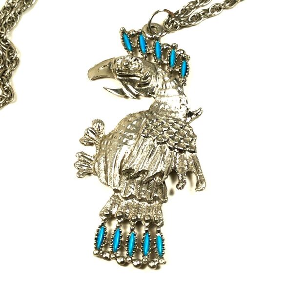 mens Silver Bird of Prey Necklace Turquoise feathers Statement Pendant boho fit - Picture 3 of 5